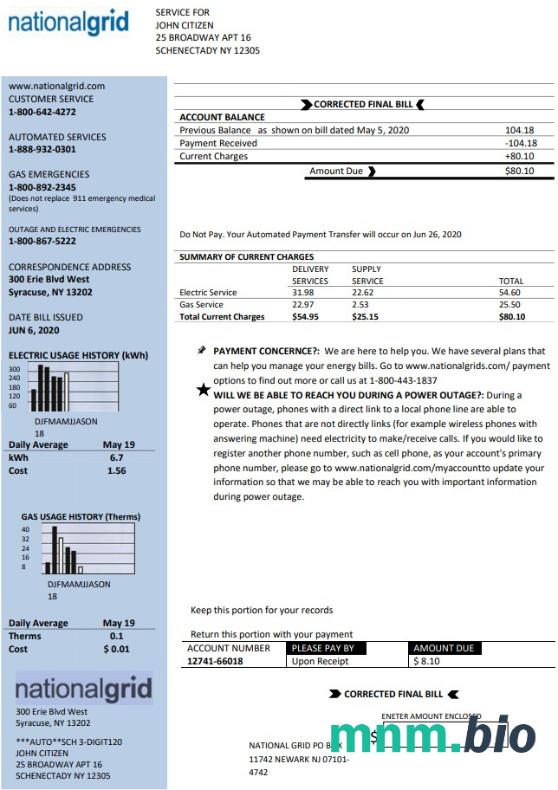 USA New York National Grid rachunek za media szablon w formacie Word i PDF